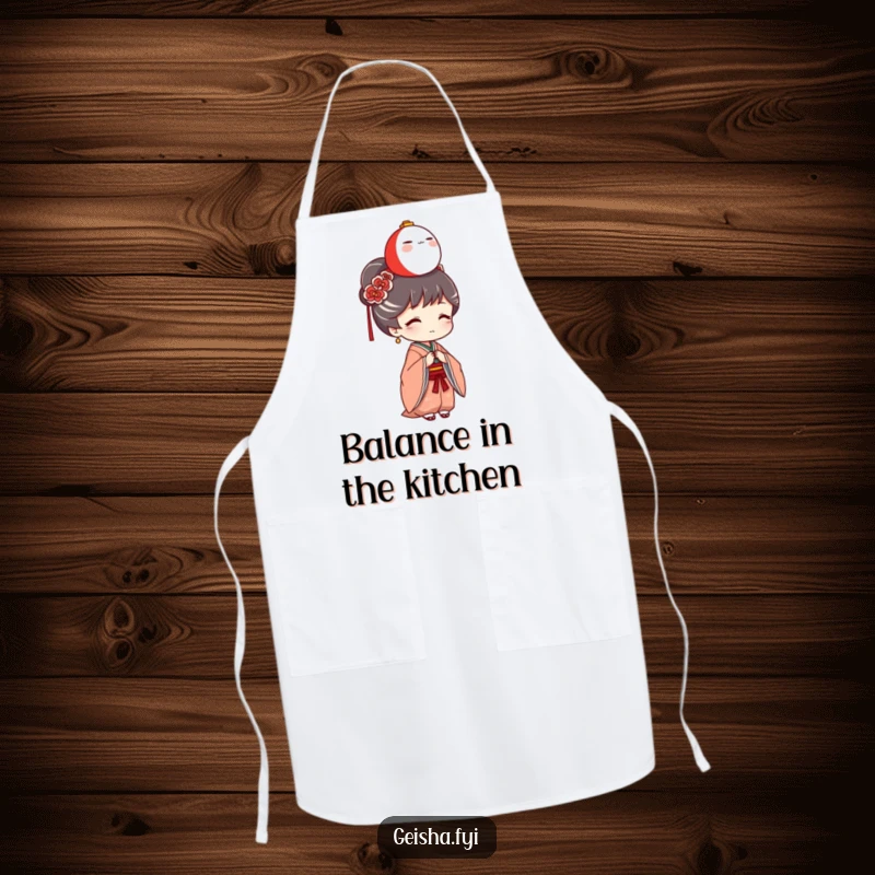 Funny Geisha Apron: A humorous geisha character balances a miniature Daruma doll on her head while cooking, adding fun to chores.