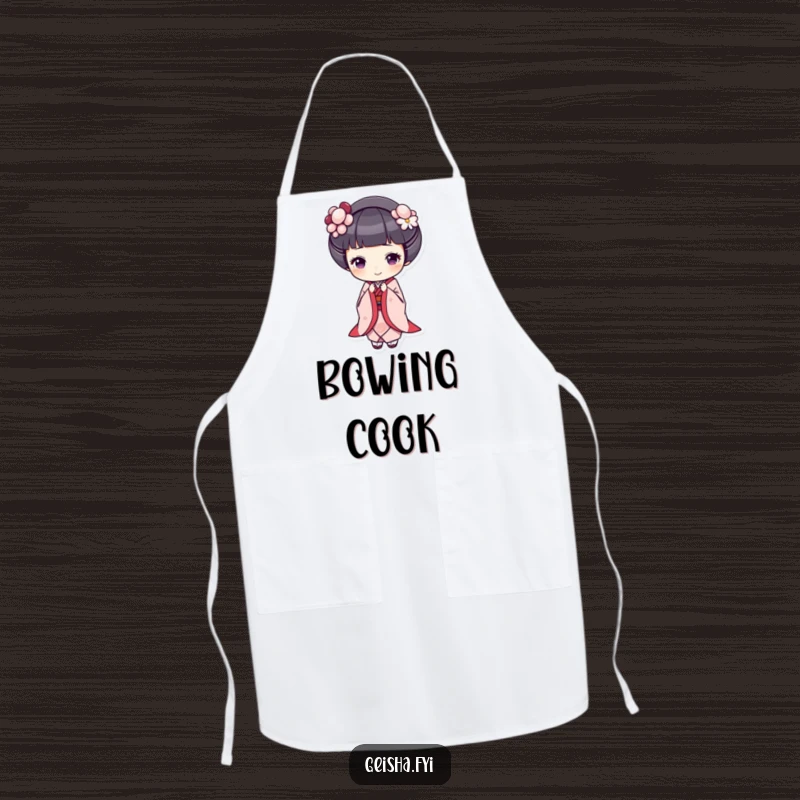 Funny geisha apron, a geisha bows gracefully with a cheerful expression, adding elegance and humor to kitchen tasks.