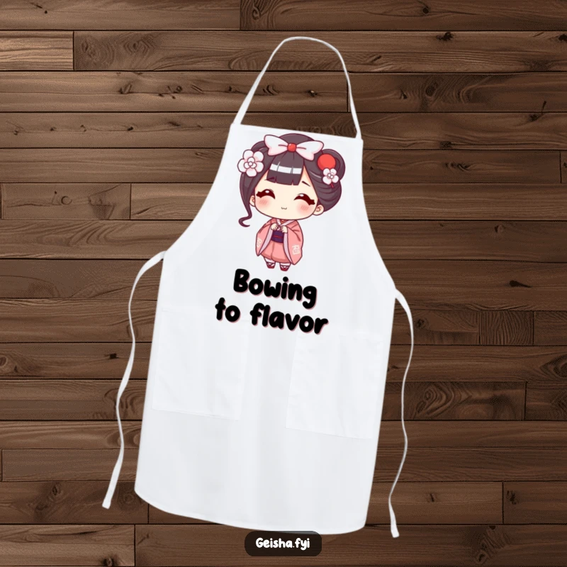 Funny Geisha Apron: Happy character offers a smiling bow, adding humor and charm to kitchen activities.
