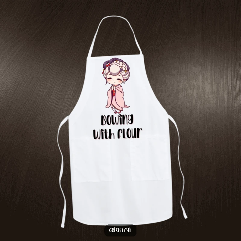 Funny Geisha Apron showing a character performing a comical exaggerated bow, great for kitchen fun.