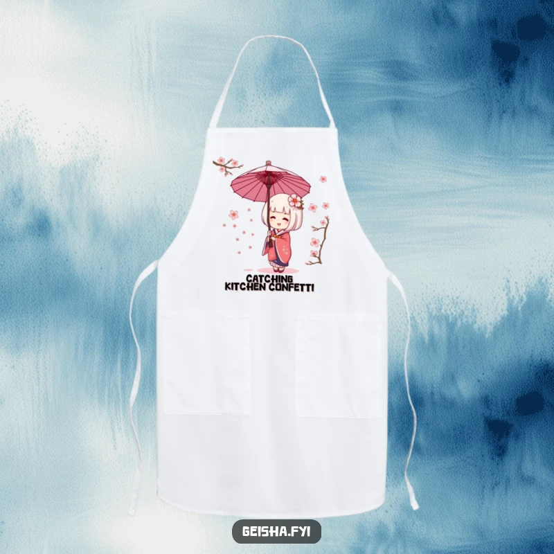 Funny geisha umbrella apron showing character giggling while catching cherry blossoms. Playful, humorous kitchen attire.