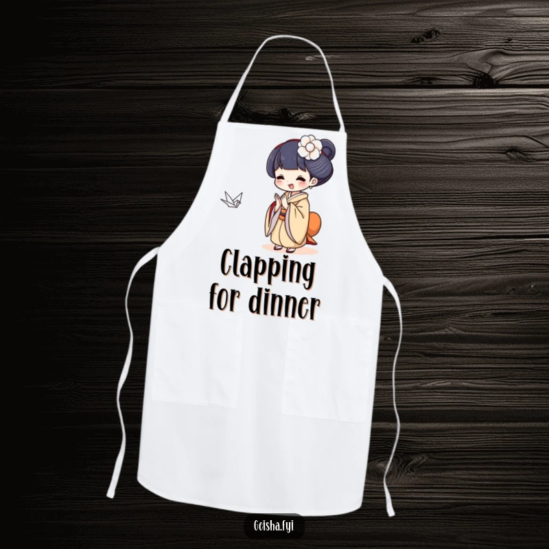 Funny Geisha clapping delightedly at a small paper crane, humorous apron for the kitchen.