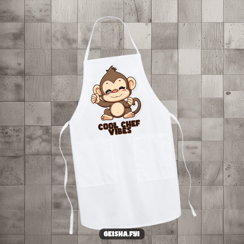 Funny cheeky monkey character apron balancing a fan on its nose, adding humor and a touch of wild fun to cooking.