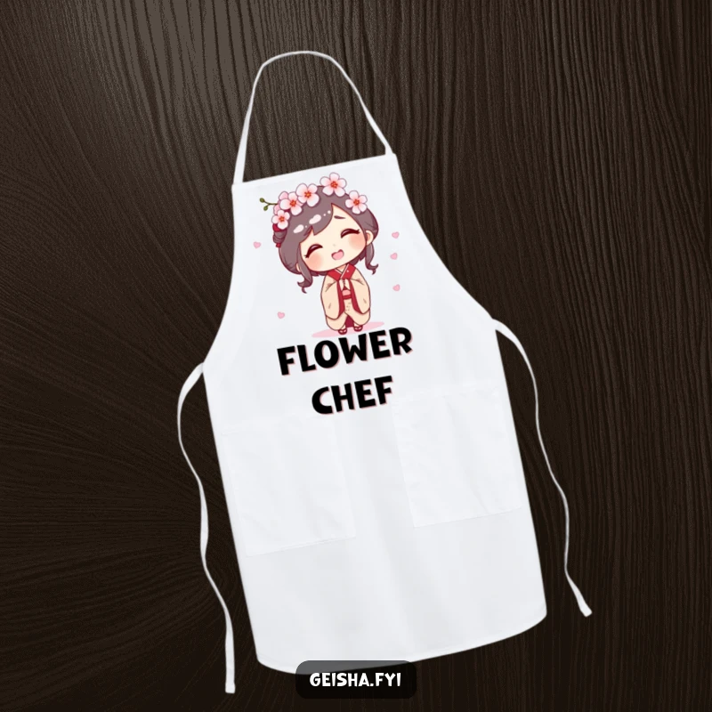Funny kitchen apron with a geisha character giggling as a cherry blossom lands on her head, bringing spring joy.