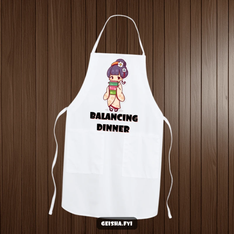 Funny geisha apron, graceful chef assistant balancing colorful boxes, ideal for kitchen humor and a funny gift.