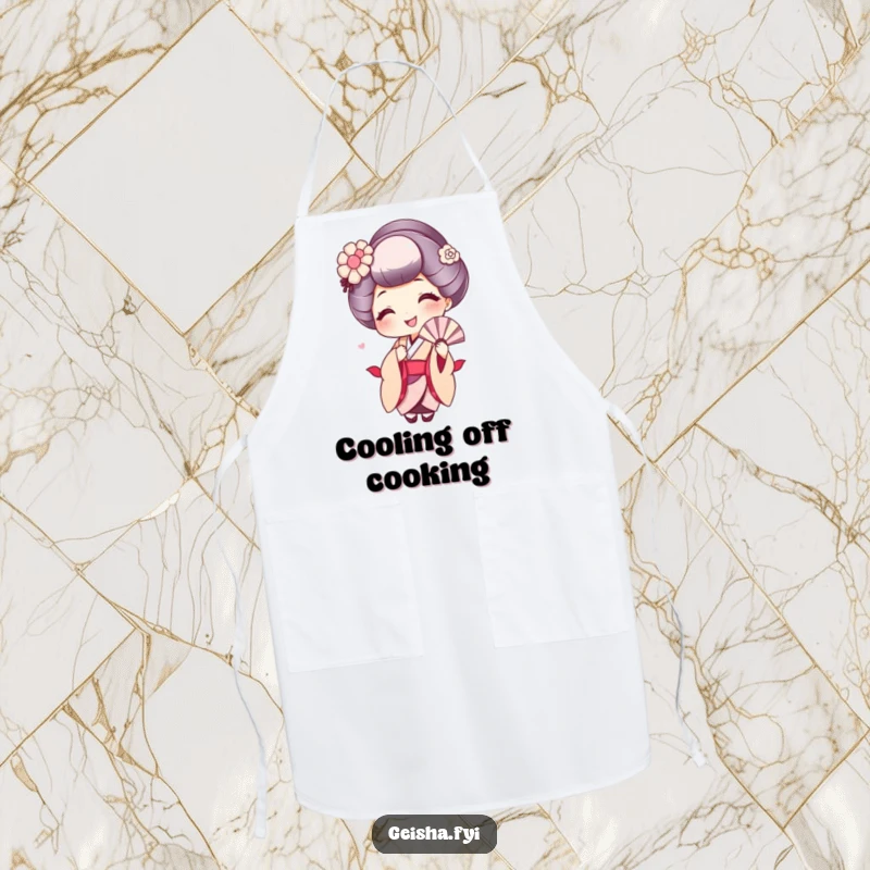 Funny kitchen apron with a cute geisha smiling widely and fanning herself, bringing cool charm to cooking.