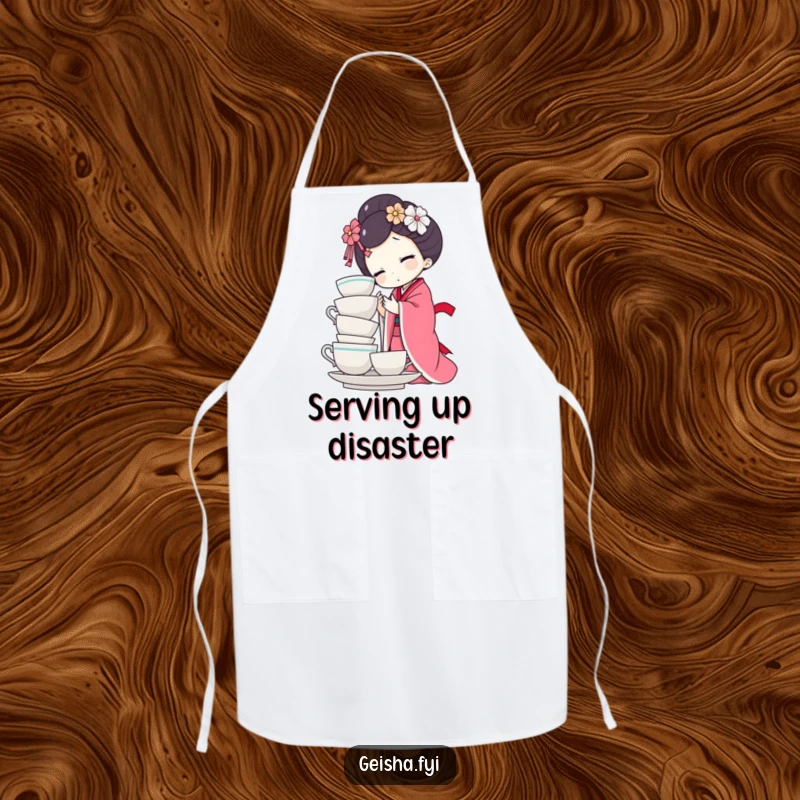 Funny geisha doll apron showing character attempting to balance many teacups while cooking. Humorous kitchen wear for aspiring chefs.