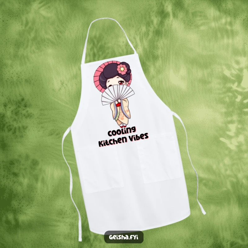 Funny geisha apron, elegant chef assistant with a comically large fan, ideal for kitchen humor and a funny gift.