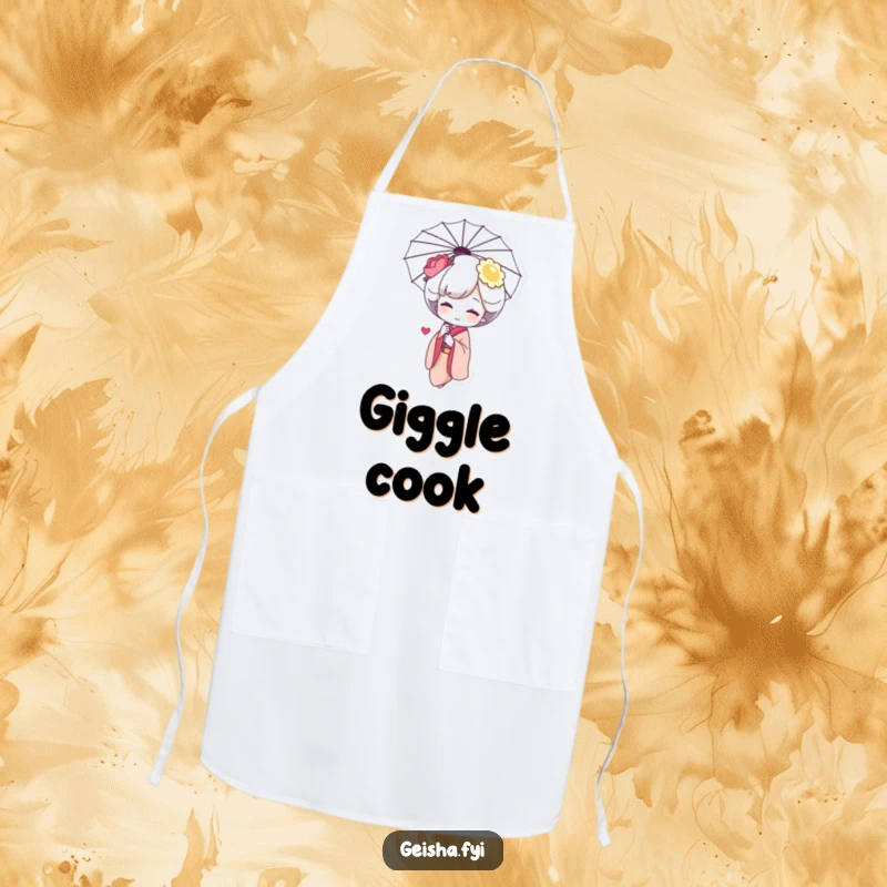 Funny Geisha Giggle Apron: a shy character giggling behind an umbrella, perfect for adding sweet charm to cooking.