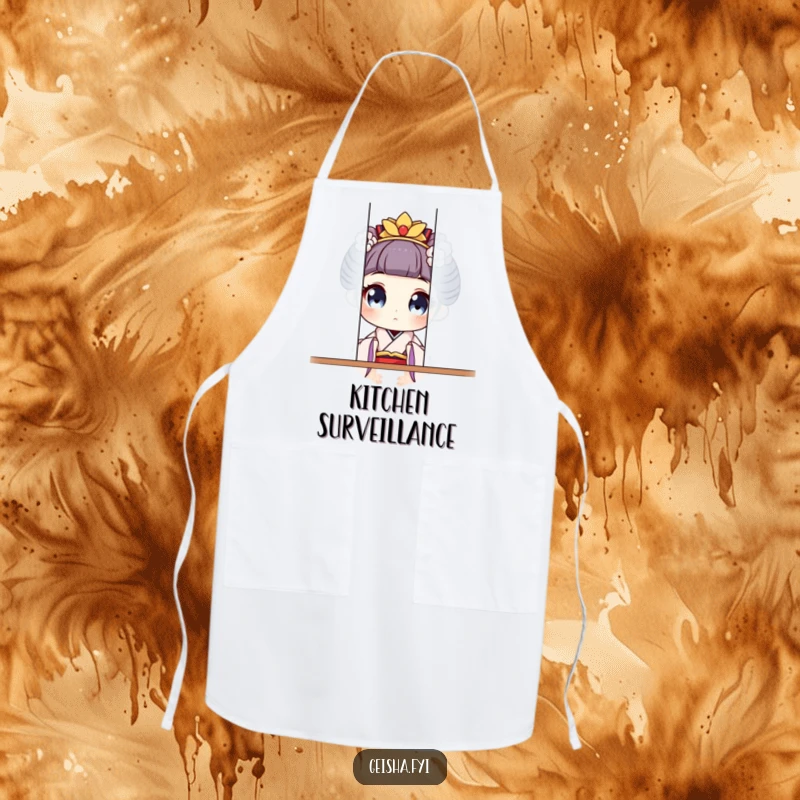Funny geisha character with wide eyes playfully peeking from behind a screen on this humorous kitchen apron.