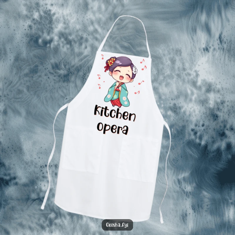 Funny Geisha Apron: A humorous apron featuring a geisha singing with delight and musical notes, perfect for a musical kitchen.