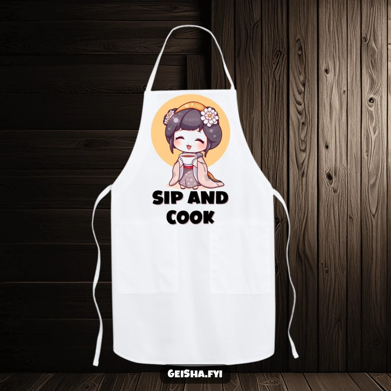 Funny Geisha Apron: A geisha character holds a tiny teacup, bringing delight to the kitchen.