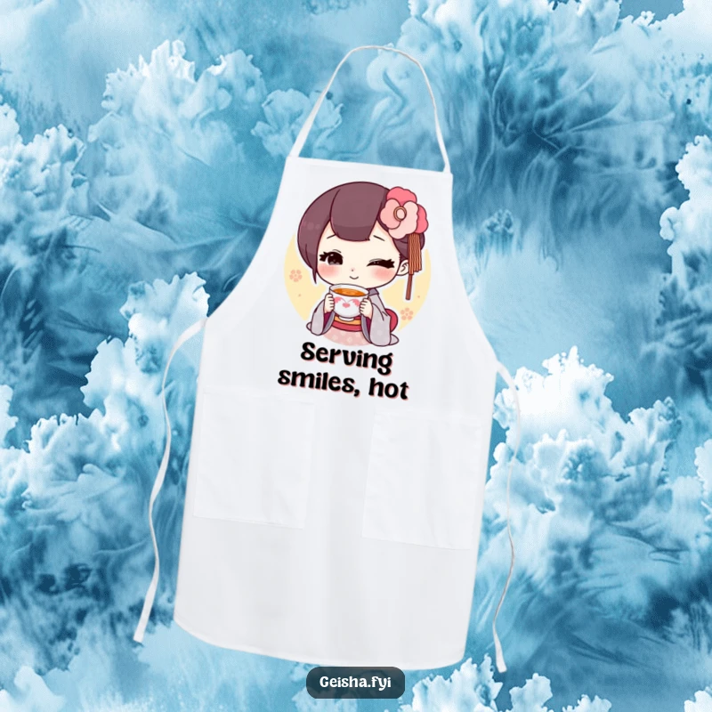 Funny geisha offering a tiny smiling teacup apron, kitchen wear, charming and humorous, ideal funny gift.