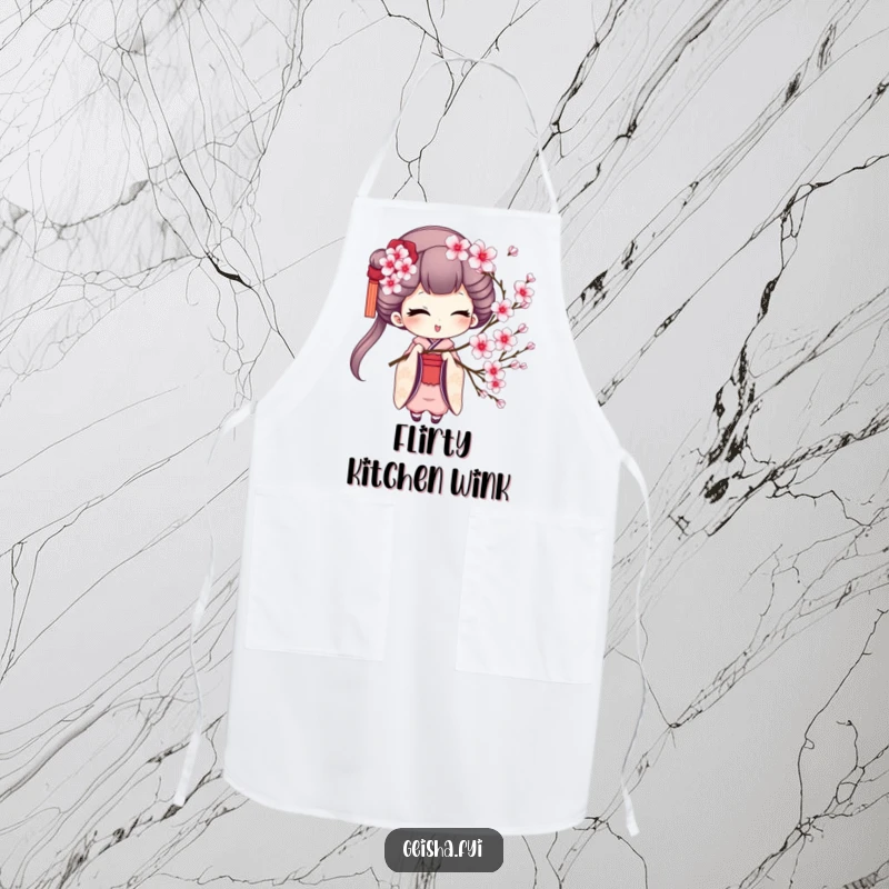 Funny geisha apron showing a charming geisha winking while holding a cherry blossom sprig, ideal for kitchen protection and humor.