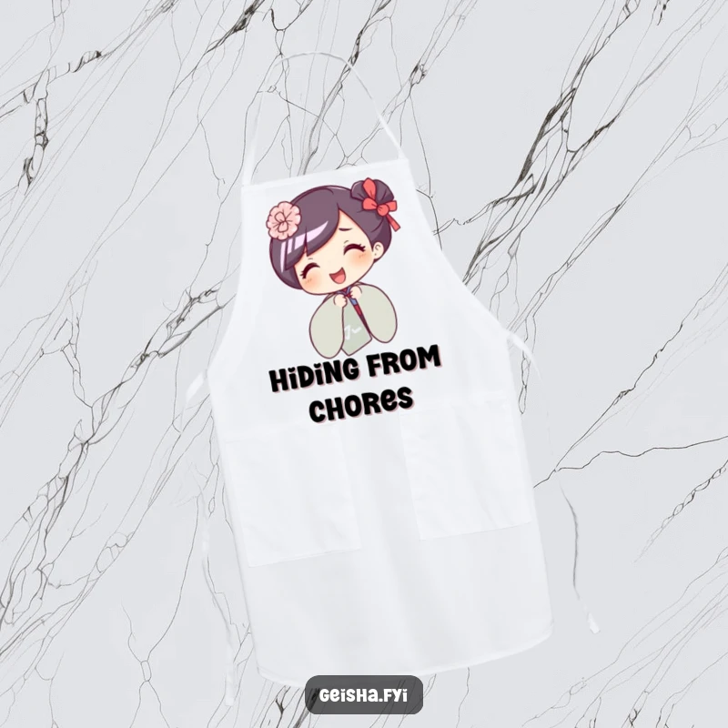 Funny apron with a giggling geisha character playfully hiding behind a fan, perfect for fun cooking.
