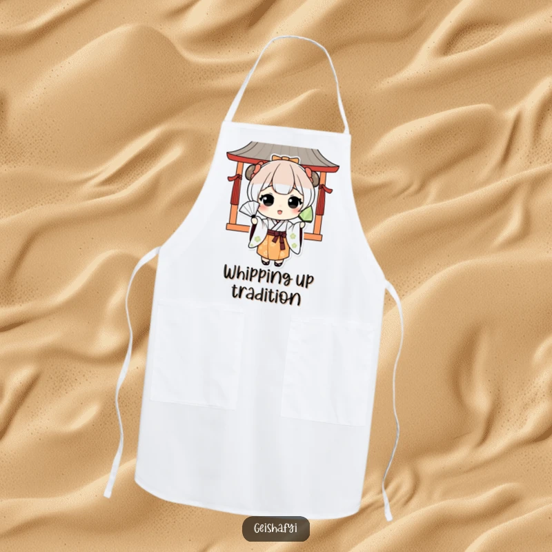 Funny kawaii character in Japanese attire playfully tossing a fan on a kitchen apron, blending culture and humor.