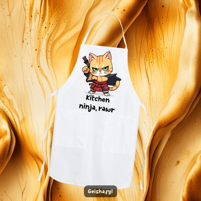 Funny Apron: A determined cat dressed as a samurai, striking a dramatic pose, ideal for adding warrior flair to cooking sessions.
