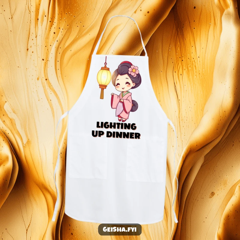 Funny geisha apron with a smiling woman holding a brightly lit lantern, blending kitchen practicality with cheerful light and warmth.