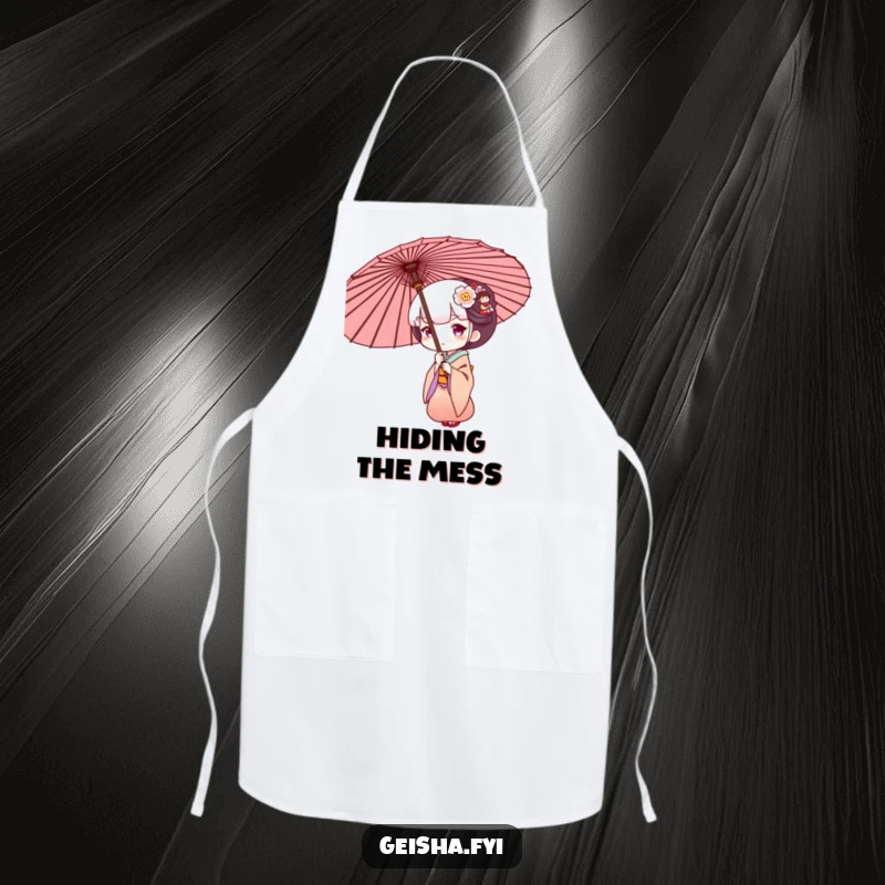 Funny Geisha peeking from behind a large umbrella, humorous apron for cooking.