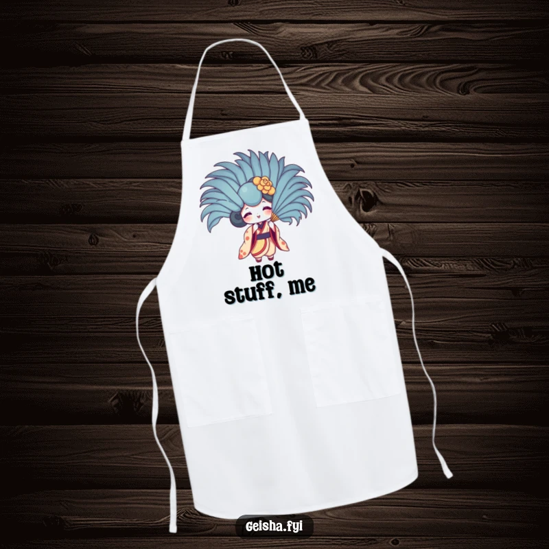 Funny geisha fan apron depicting character fanning with a giant feather. Playful, humorous kitchen attire.