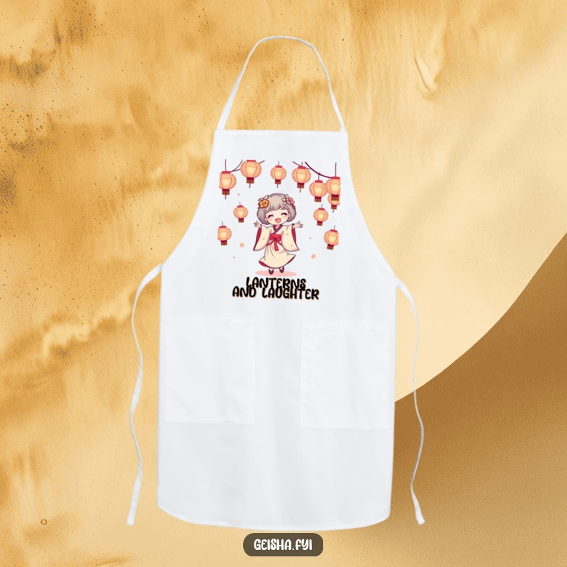 Funny geisha apron depicting a geisha character dancing joyfully with a beautiful cascade of illuminated paper lanterns, perfect for festive cooking.