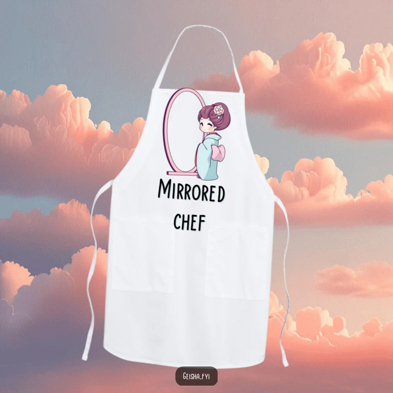 Funny geisha apron, a geisha happily admires her reflection in a mirror, bringing confidence to cooking.