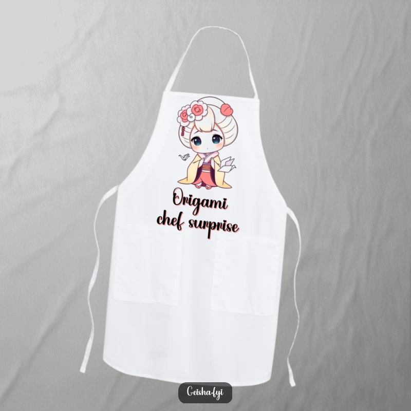 Funny geisha apron showing a geisha character comically surprised by a small, cute origami crane while cooking, a humorous kitchen essential.