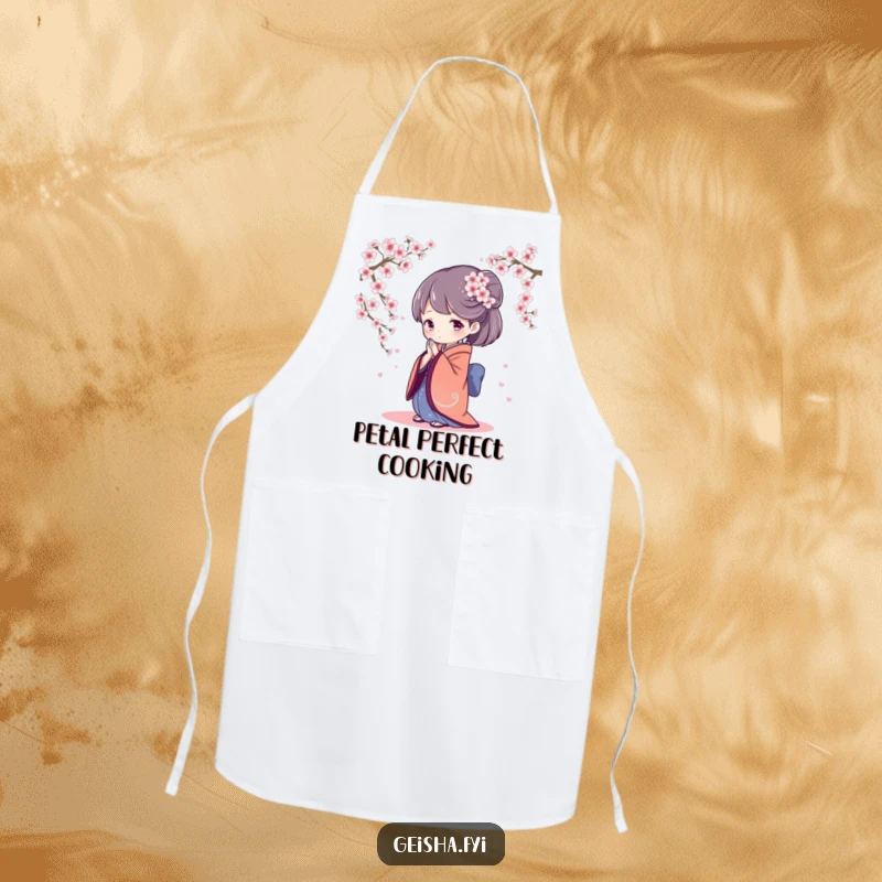 Elegant apron featuring a geisha character bowing gracefully, with cherry blossoms scattered around, adding a serene touch to culinary tasks.
