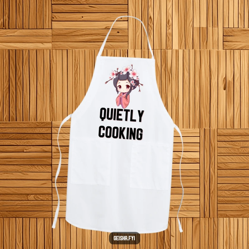 Funny apron with a shy geisha character peeking from behind cherry blossoms, perfect for kitchen charm and as a humorous gift.