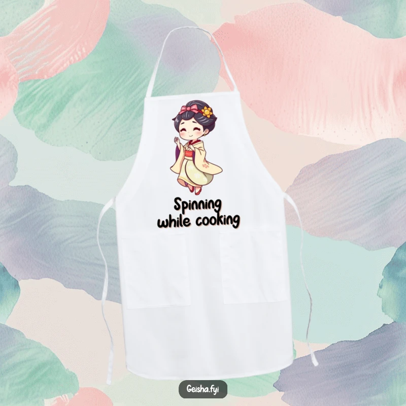 Funny Geisha doing a playful spin with a flourish, humorous apron for cooking.