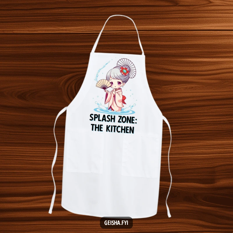 Funny Geisha Splashing Apron, a character playfully tossing water with a fan, adding fun water-play to kitchen attire.