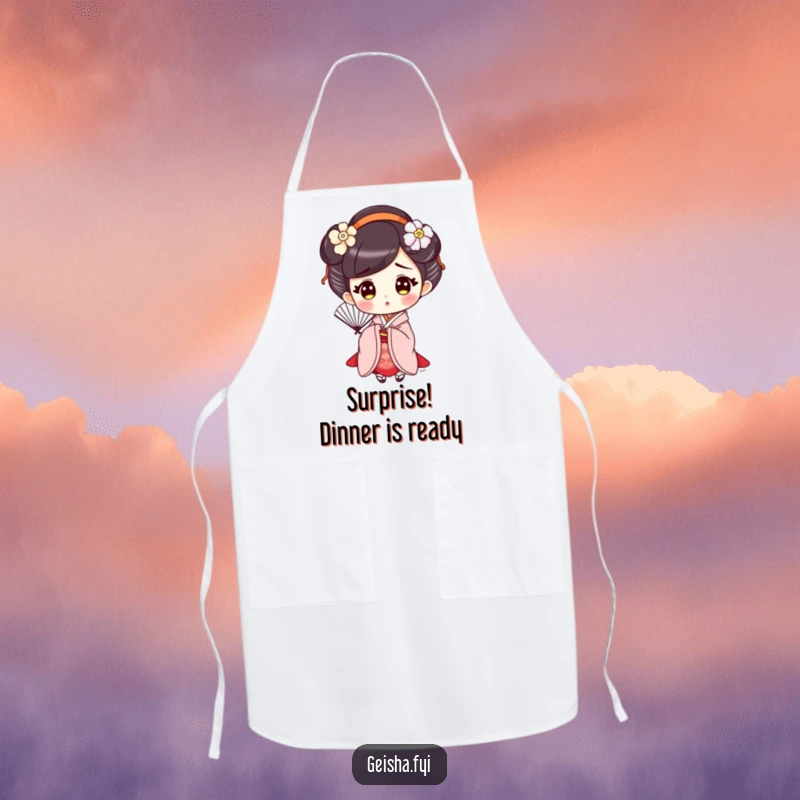Funny Surprised Geisha Apron, a cute character with a fan, showing a surprised expression, adding elegant humor to your cooking attire.