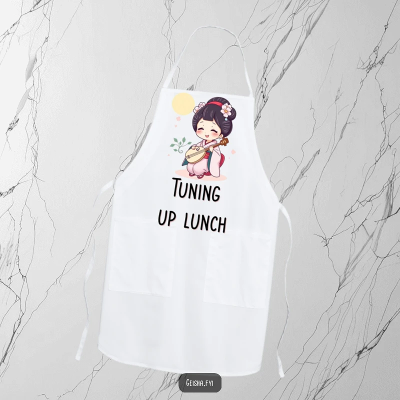 Funny geisha apron featuring a giggling cook playing a miniature shamisen, blending kitchen practicality with musical humor.