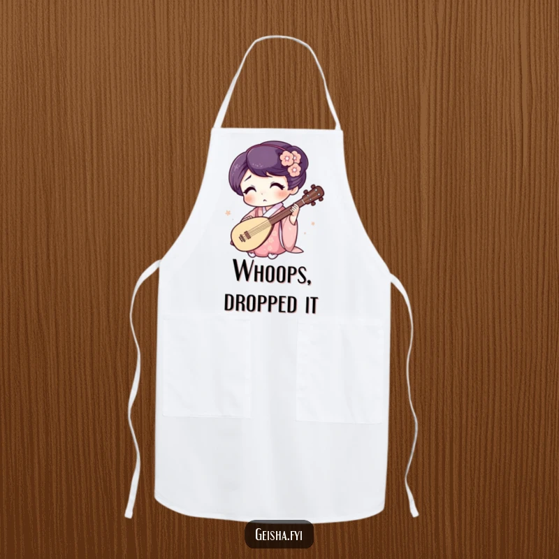 Funny Geisha Apron: Surprised character plays a tiny shamisen, a humorous and practical kitchen accessory.