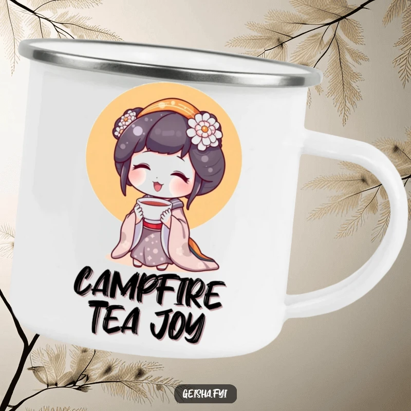 Funny Geisha Camping Mug: A geisha character holds a tiny teacup, designed for rustic enjoyment.