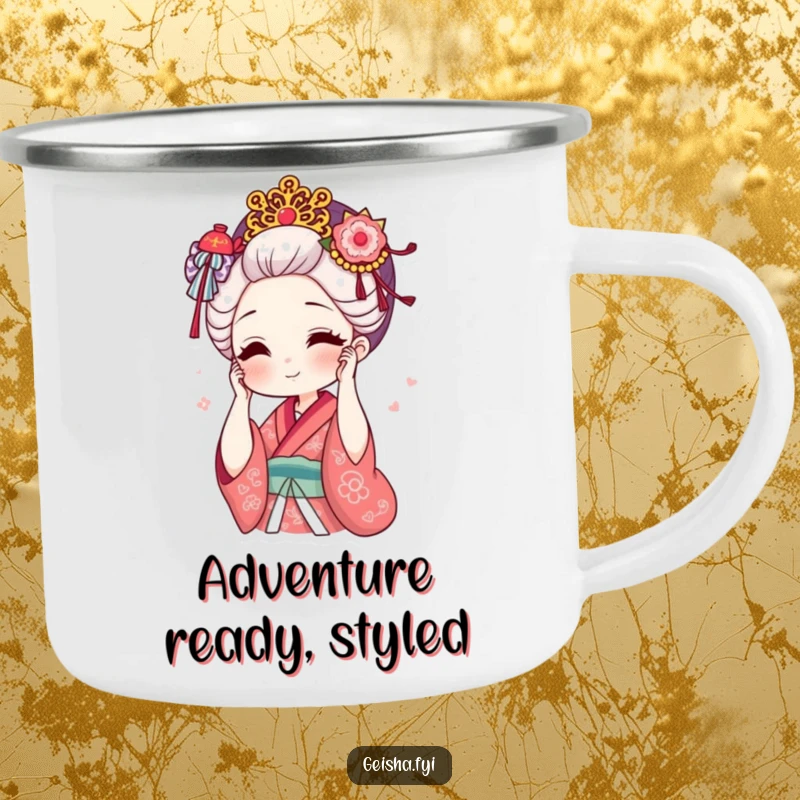 Funny geisha adjusting ornate hair accessory with a smile camping mug, outdoor gear, stylish and humorous, great funny gift.