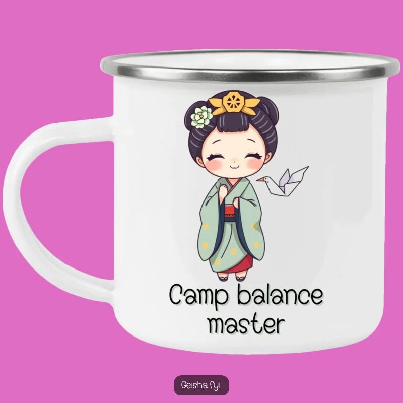 Funny Geisha Camping Mug: Playful Crane Balance, Perfect Outdoor Art Gift