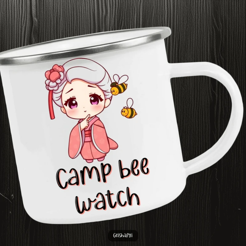 Funny Geisha Camping Mug showing an amused character pointing at a tiny, buzzing bee, great for outdoor use.