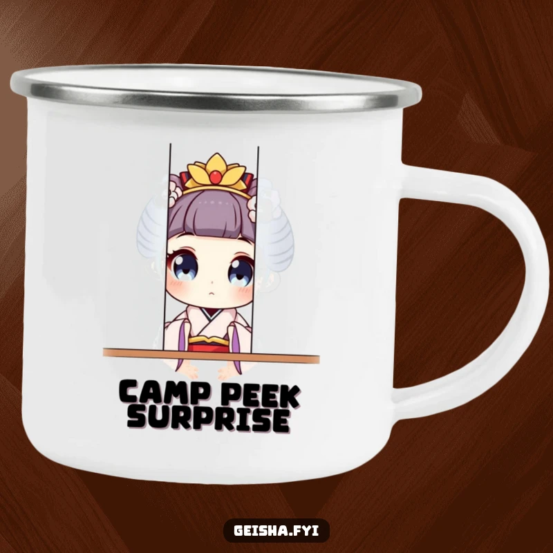 Funny geisha character with curious eyes playfully peeking from behind a screen on this humorous camping mug.