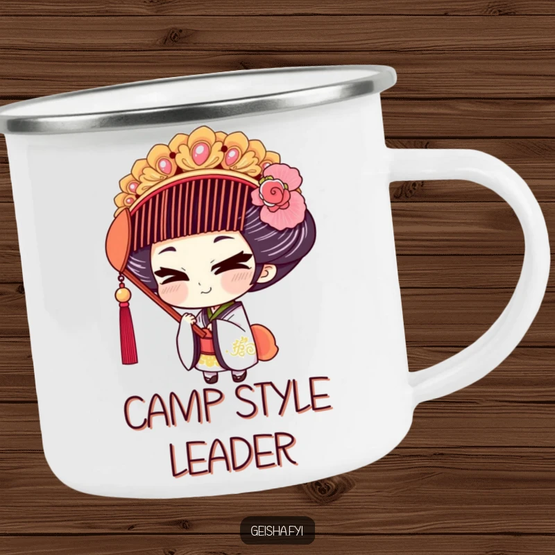 Funny Geisha Camping Mug: A geisha character with a mischievous smile tries on an oversized comb.