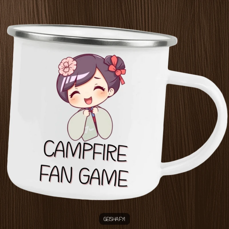 Funny camping mug with a giggling geisha character playfully hiding behind a fan, perfect for outdoor fun.