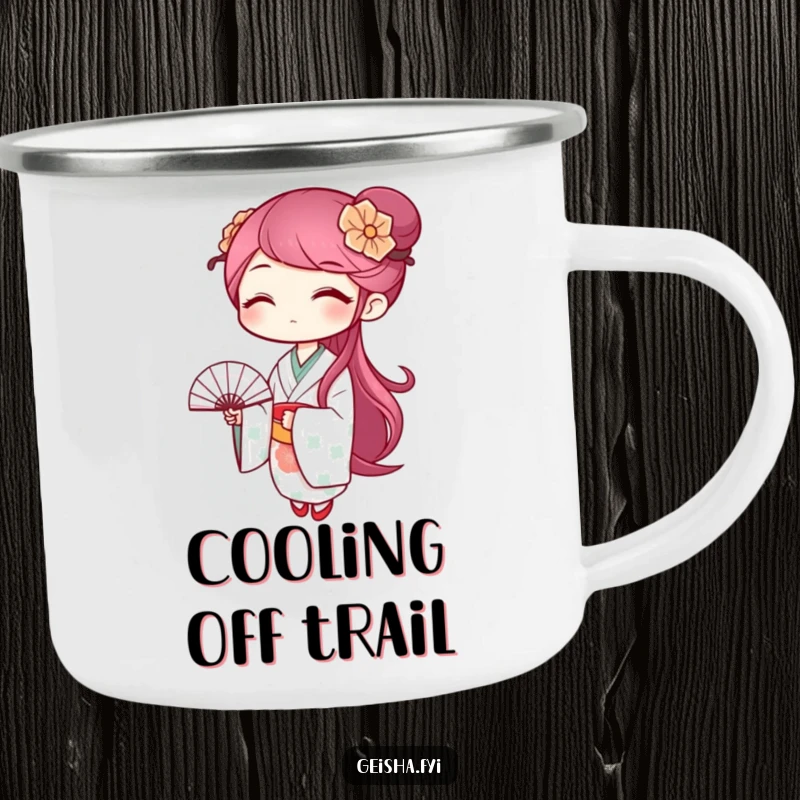 Funny geisha camping mug with a winking character holding a fan, designed for humorous outdoor enjoyment.