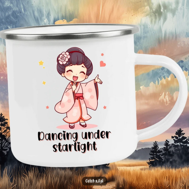 Funny Camping Mug: A geisha character performs an exaggerated silly dance, perfect for hot drinks around the campfire, bringing art.