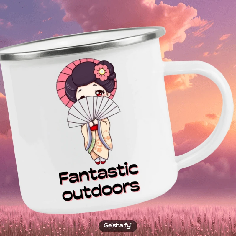 Funny geisha camping mug, rugged and elegant design with a woman holding a huge, funny fan for outdoor humor.