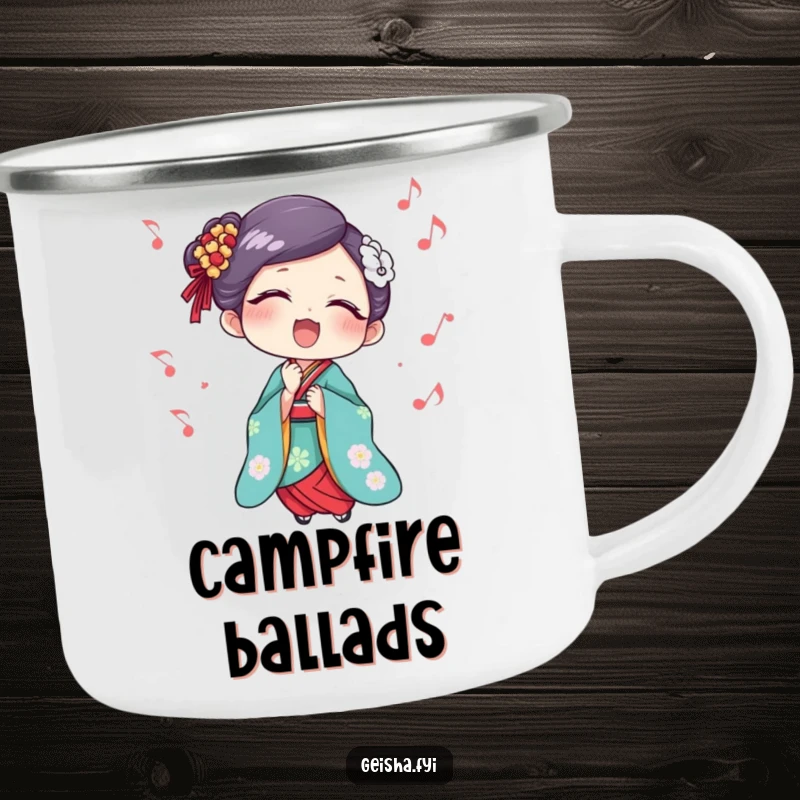 Funny Geisha Camping Mug: A durable mug featuring a geisha singing with delight and musical notes, perfect for outdoor melodies.