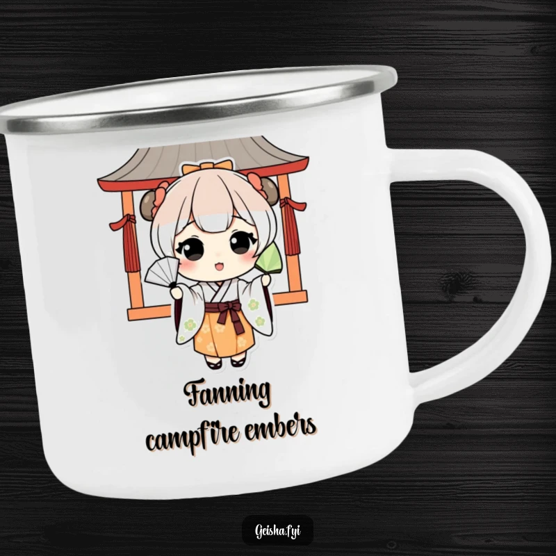 Funny kawaii character in traditional Japanese attire playfully tossing a fan on a rugged camping mug for outdoor enjoyment.