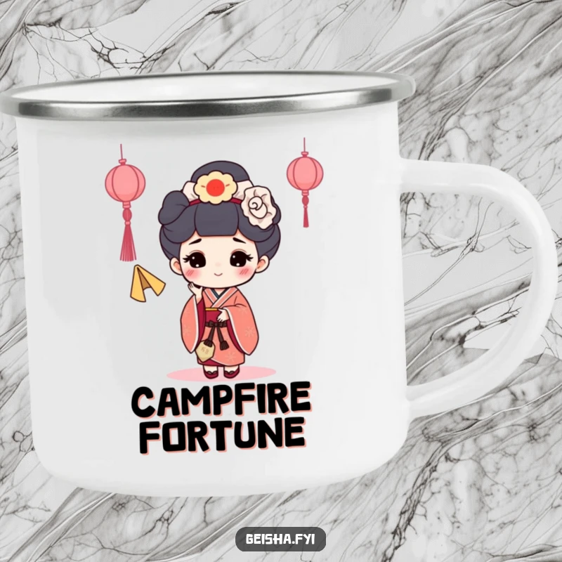 Funny Fortune Cookie Geisha Camping Mug: A camping mug with a geisha character happily tossing a fortune cookie.