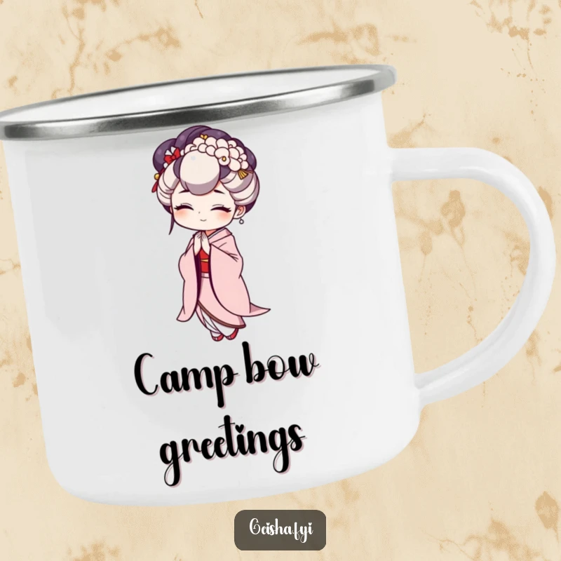 Funny Geisha Camping Mug with a character doing a comically exaggerated bow, ideal for outdoor use.