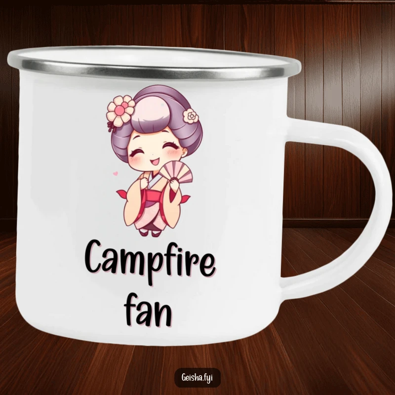 Funny camping mug featuring a cute geisha with a wide smile, fanning herself, perfect for outdoor refreshment.