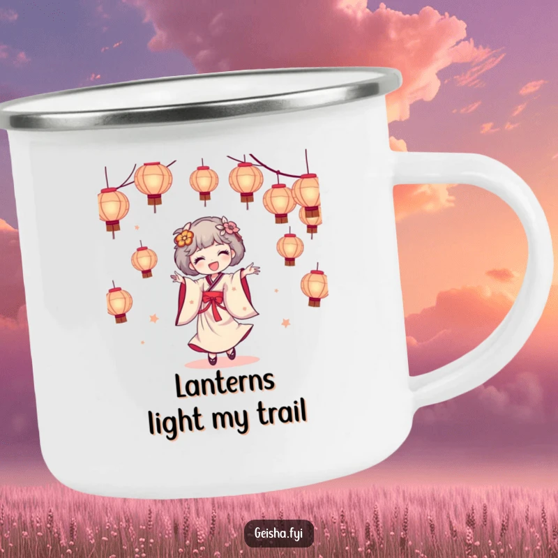Funny geisha camping mug showing a geisha character dancing joyfully with a cascade of illuminated paper lanterns, great for outdoor use.